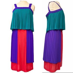 60s Vintage Designer Color Block Chiffon Accordion Pleat Tiered Cocktail Dressss